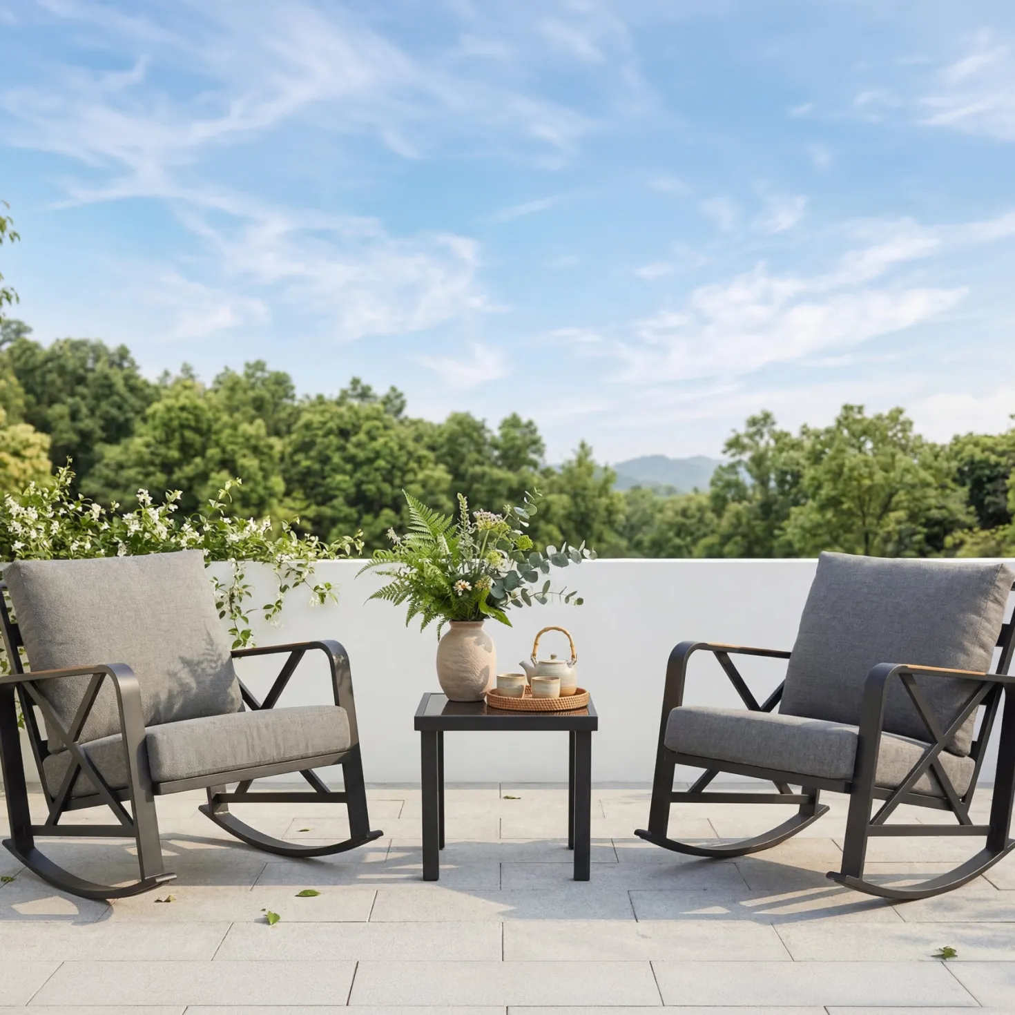 2-Person Outdoor Rocking Chair Set With Bistro Side Table And Cushions