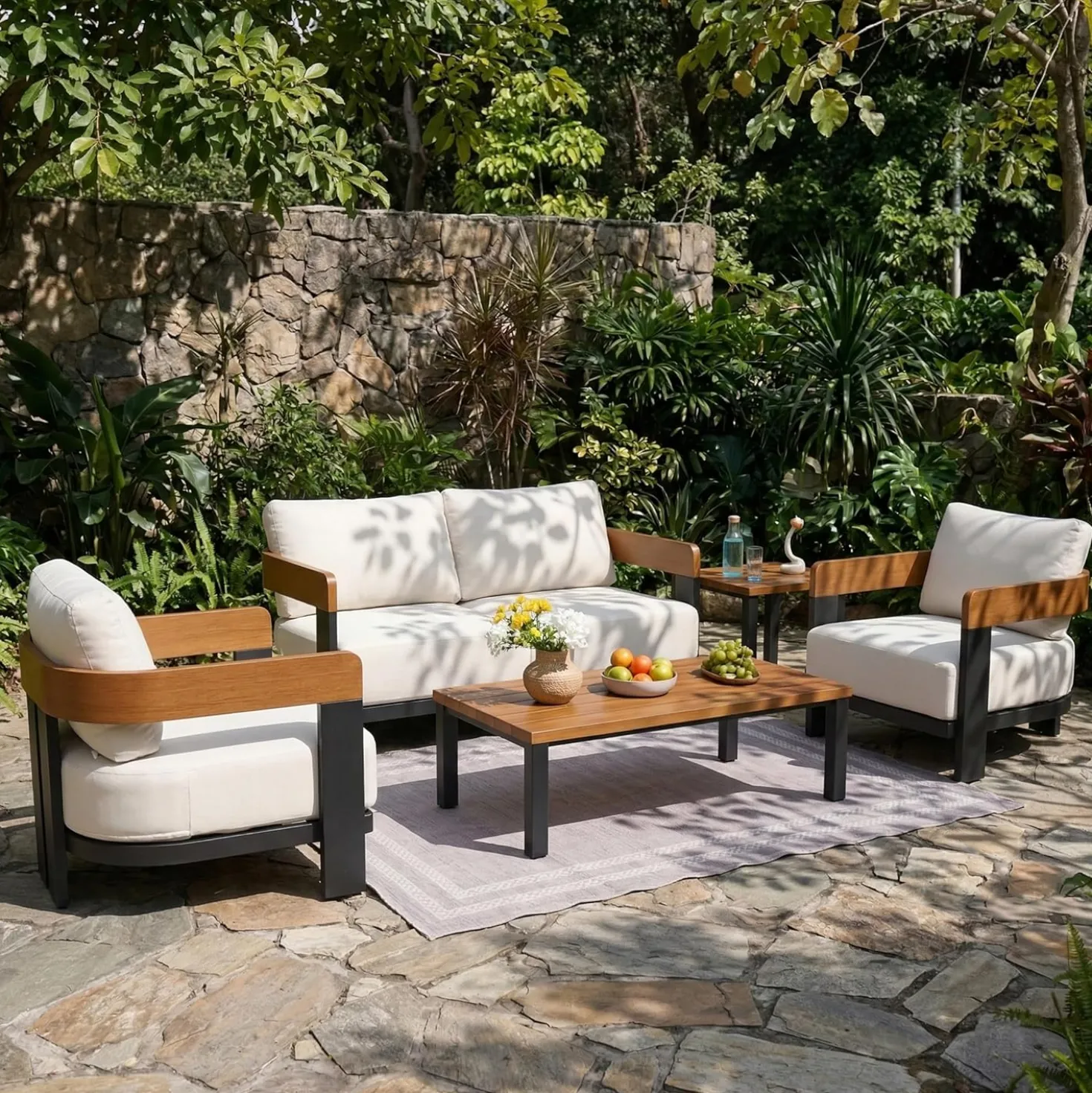 5-Piece Outdoor Conversation Set, 4 Seats Patio Sectional with Coffee Table & Side Table
