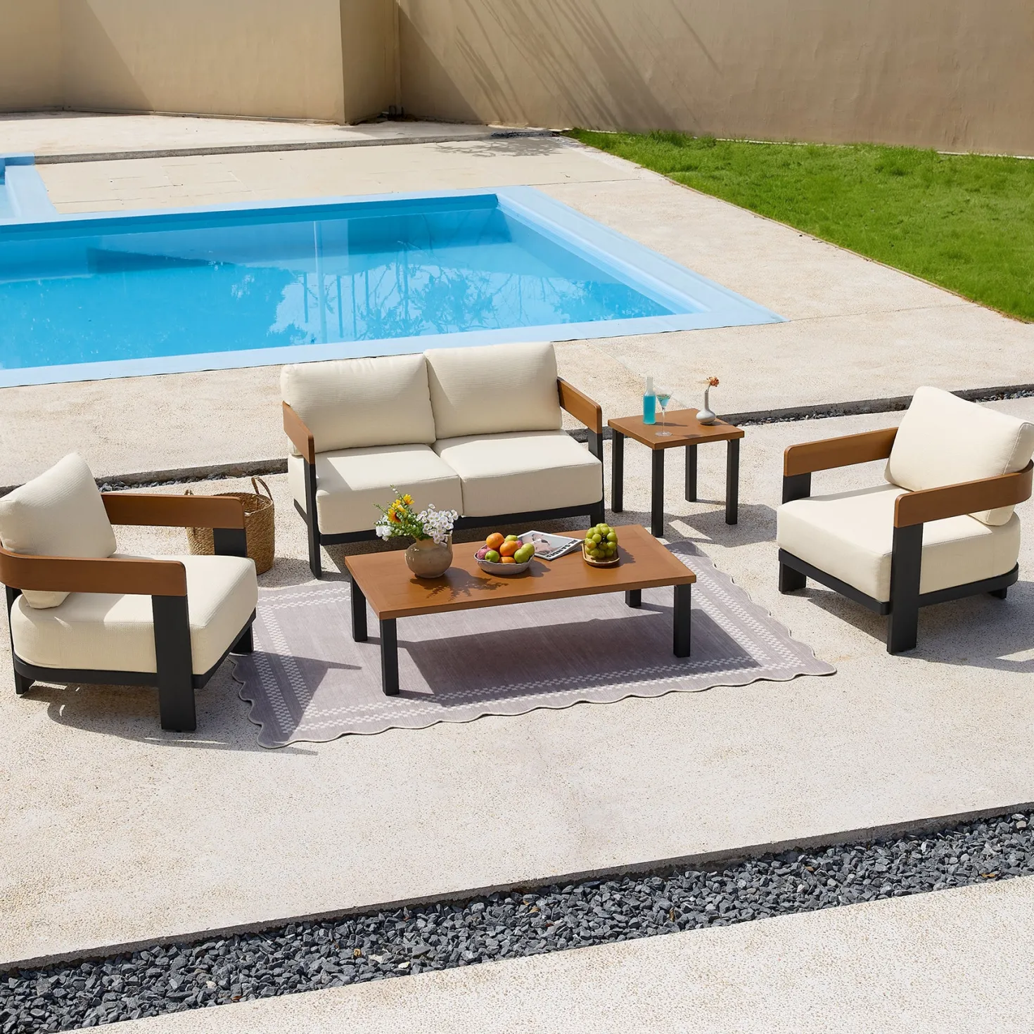 5-Piece Outdoor Conversation Set, 4 Seats Patio Sectional with Coffee Table & Side Table