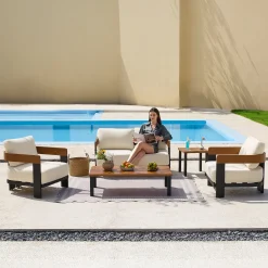 5-Piece Outdoor Conversation Set, 4 Seats Patio Sectional with Coffee Table & Side Table