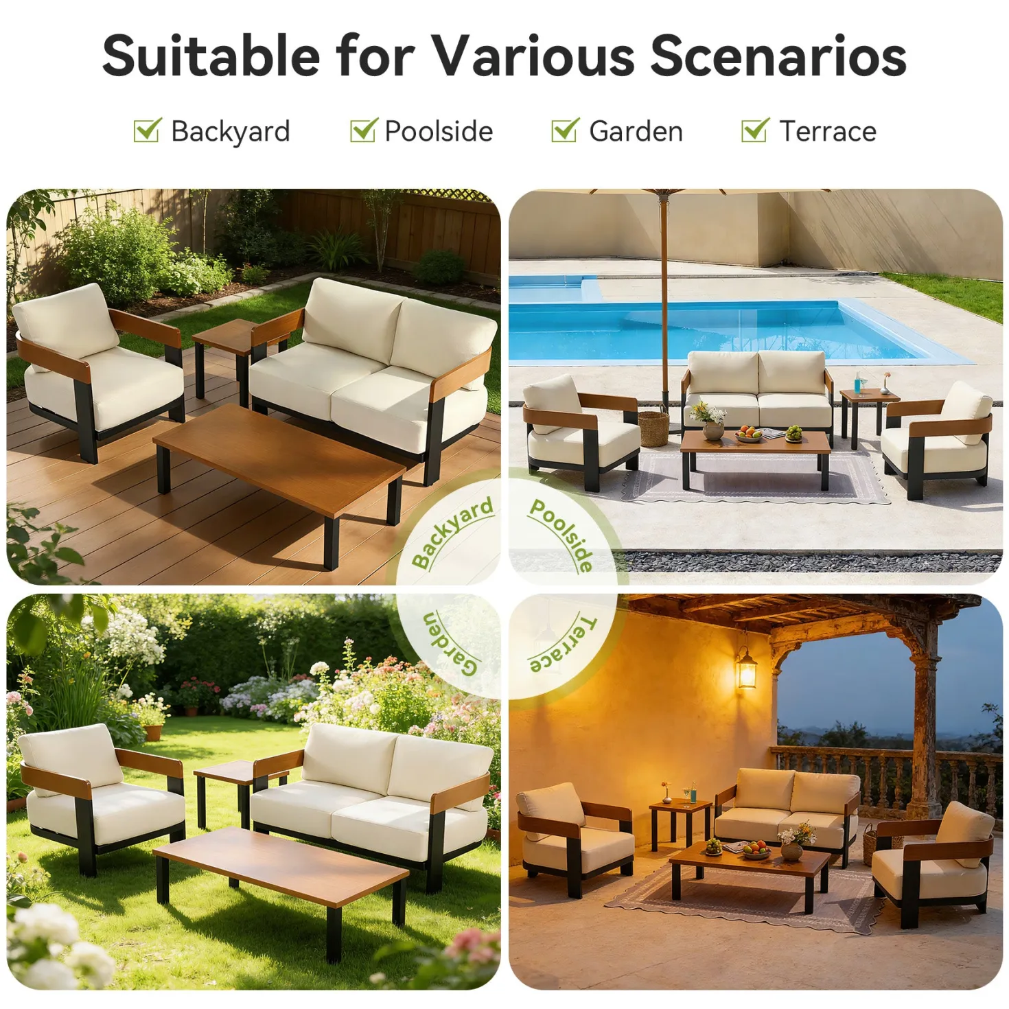 5-Piece Outdoor Conversation Set, 4 Seats Patio Sectional with Coffee Table & Side Table