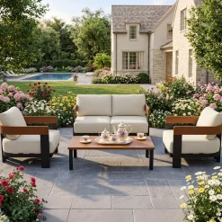 4-Piece Patio Conversation Set, 4 Seats Outdoor Sectional with Coffee Table
