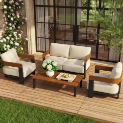 4-Piece Patio Conversation Set, 4 Seats Outdoor Sectional with Coffee Table
