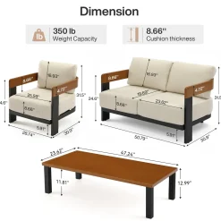 4-Piece Patio Conversation Set, 4 Seats Outdoor Sectional with Coffee Table