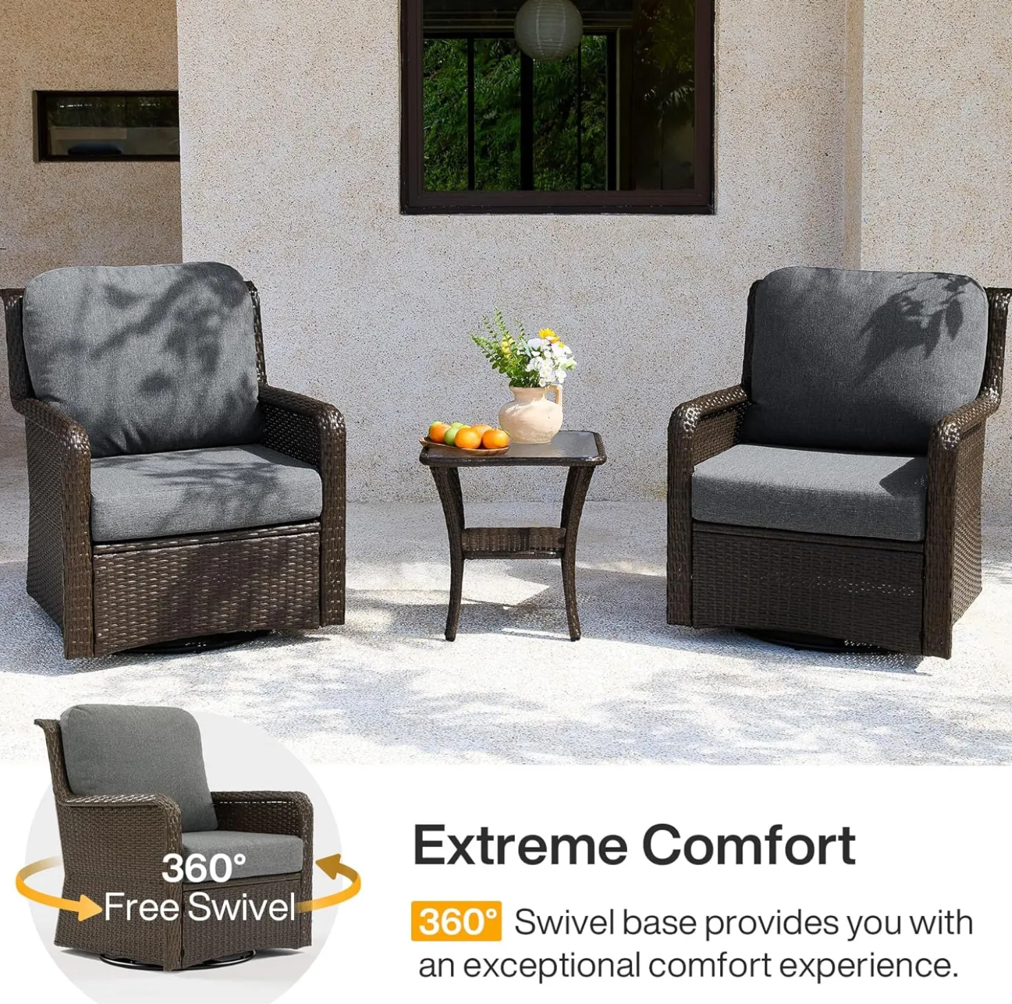 3-Piece Patio Furniture Set, Outdoor Wicker Swivel Chairs Bistro Sets