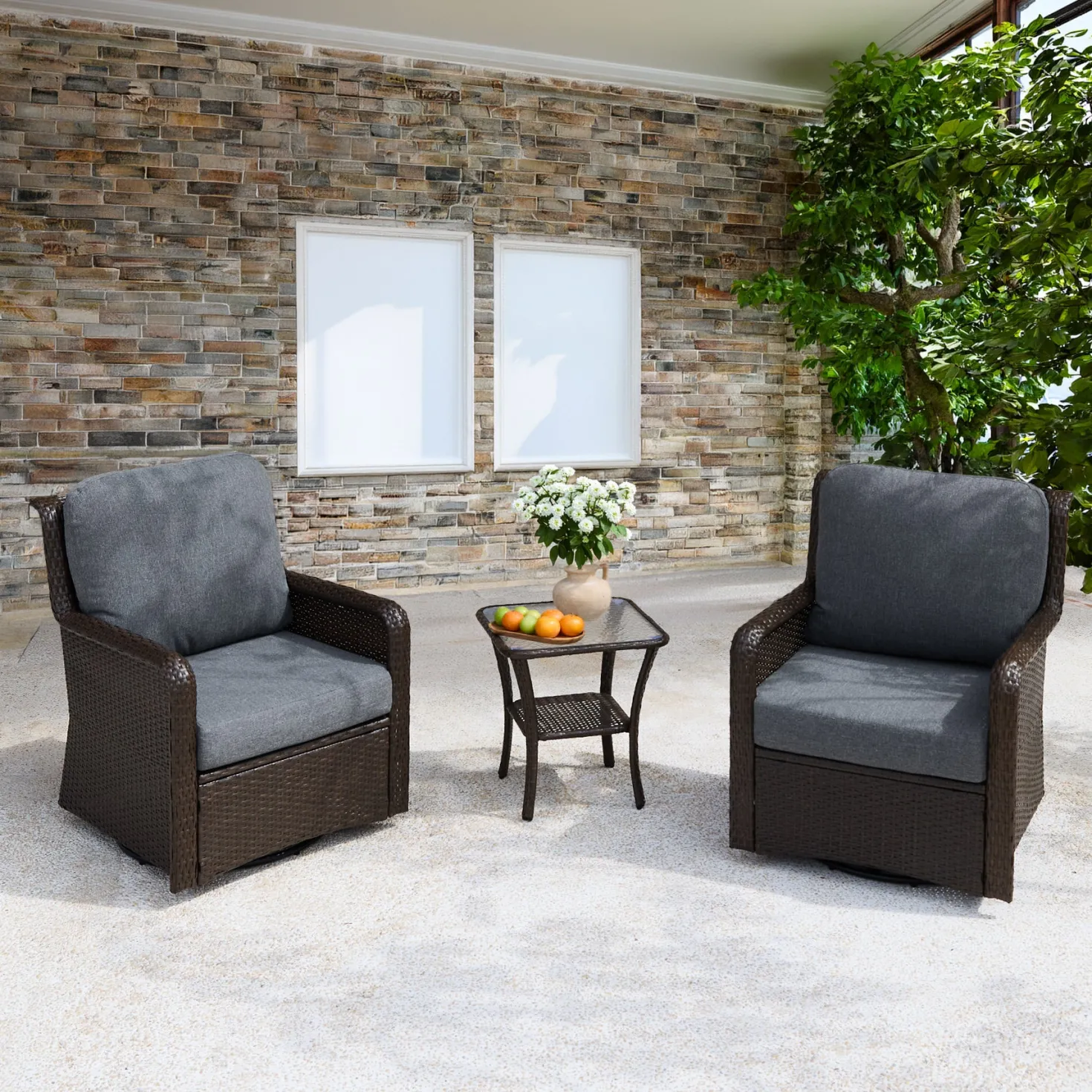 3-Piece Patio Furniture Set, Outdoor Wicker Swivel Chairs Bistro Sets