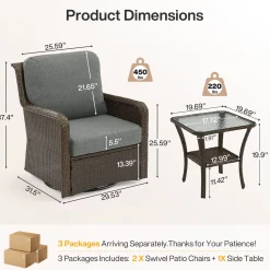3-Piece Patio Furniture Set, Outdoor Wicker Swivel Chairs Bistro Sets