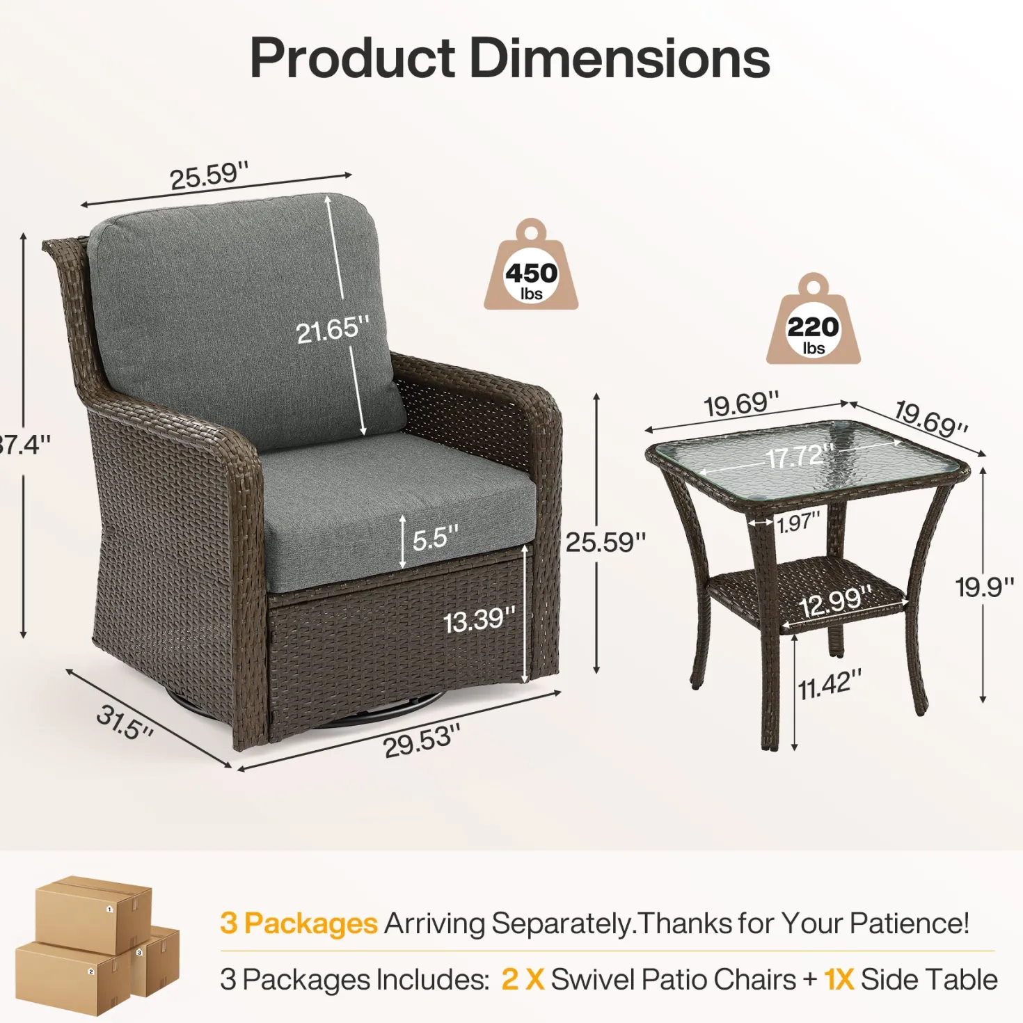 3-Piece Patio Furniture Set, Outdoor Wicker Swivel Chairs Bistro Sets