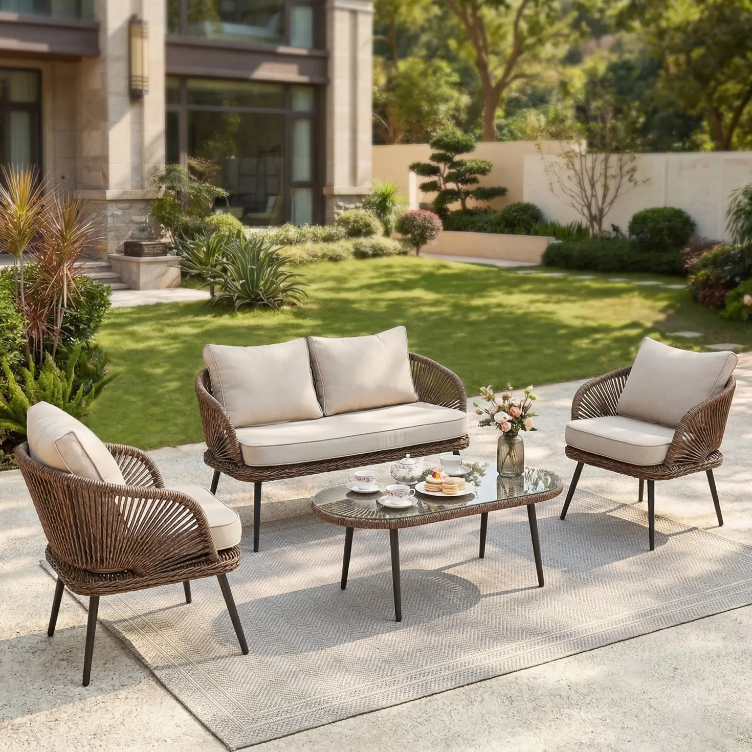 4-Piece Rattan Outdoor Patio Furniture Set with Removable Cushions and Coffee Table