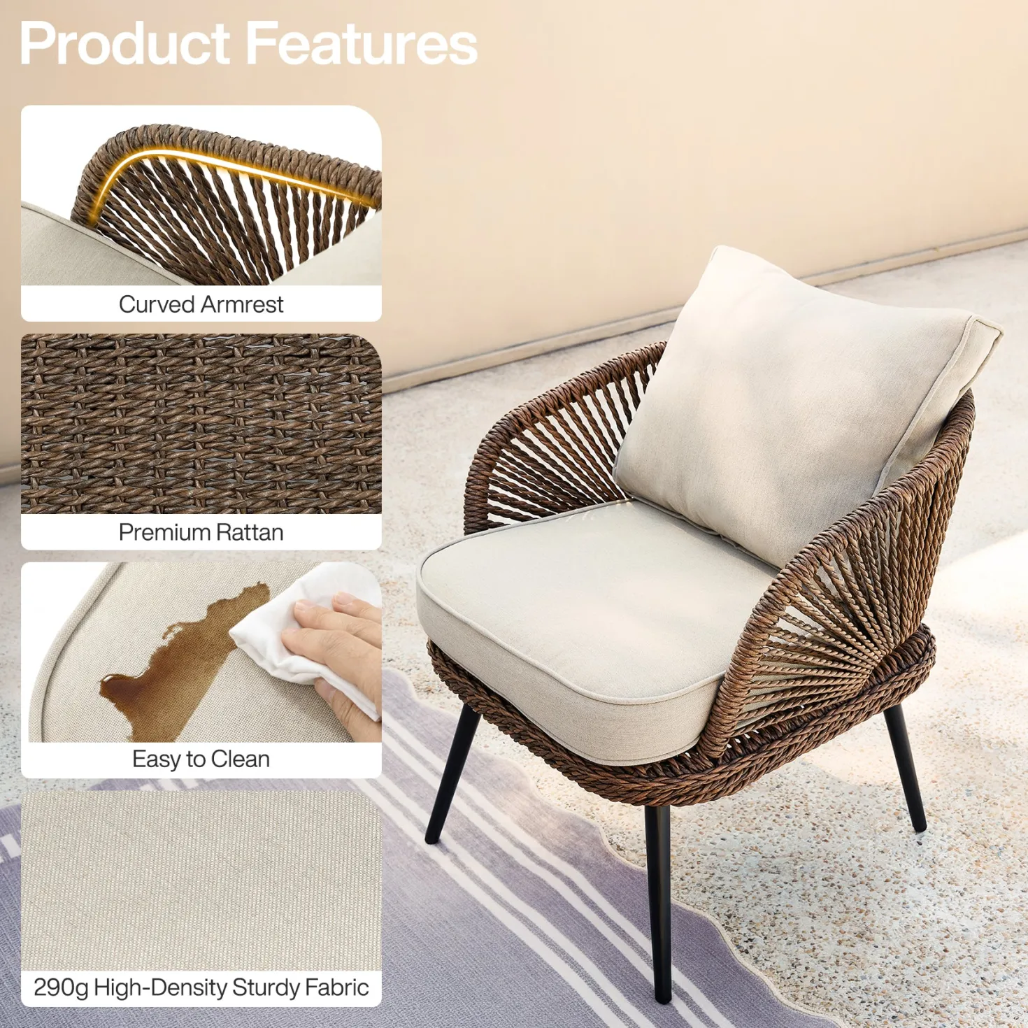 4-Piece Rattan Outdoor Patio Furniture Set with Removable Cushions and Coffee Table