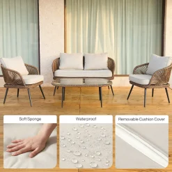 4-Piece Rattan Outdoor Patio Furniture Set with Removable Cushions and Coffee Table