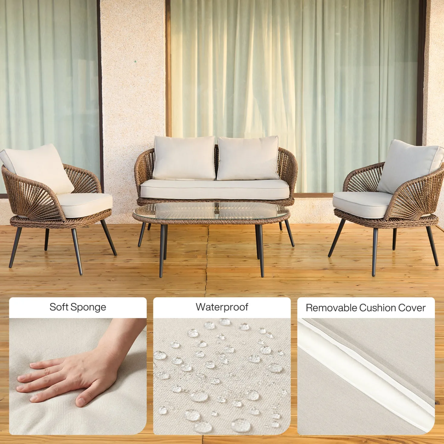 4-Piece Rattan Outdoor Patio Furniture Set with Removable Cushions and Coffee Table