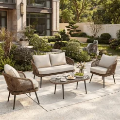 4-Piece Rattan Outdoor Patio Furniture Set with Removable Cushions and Coffee Table