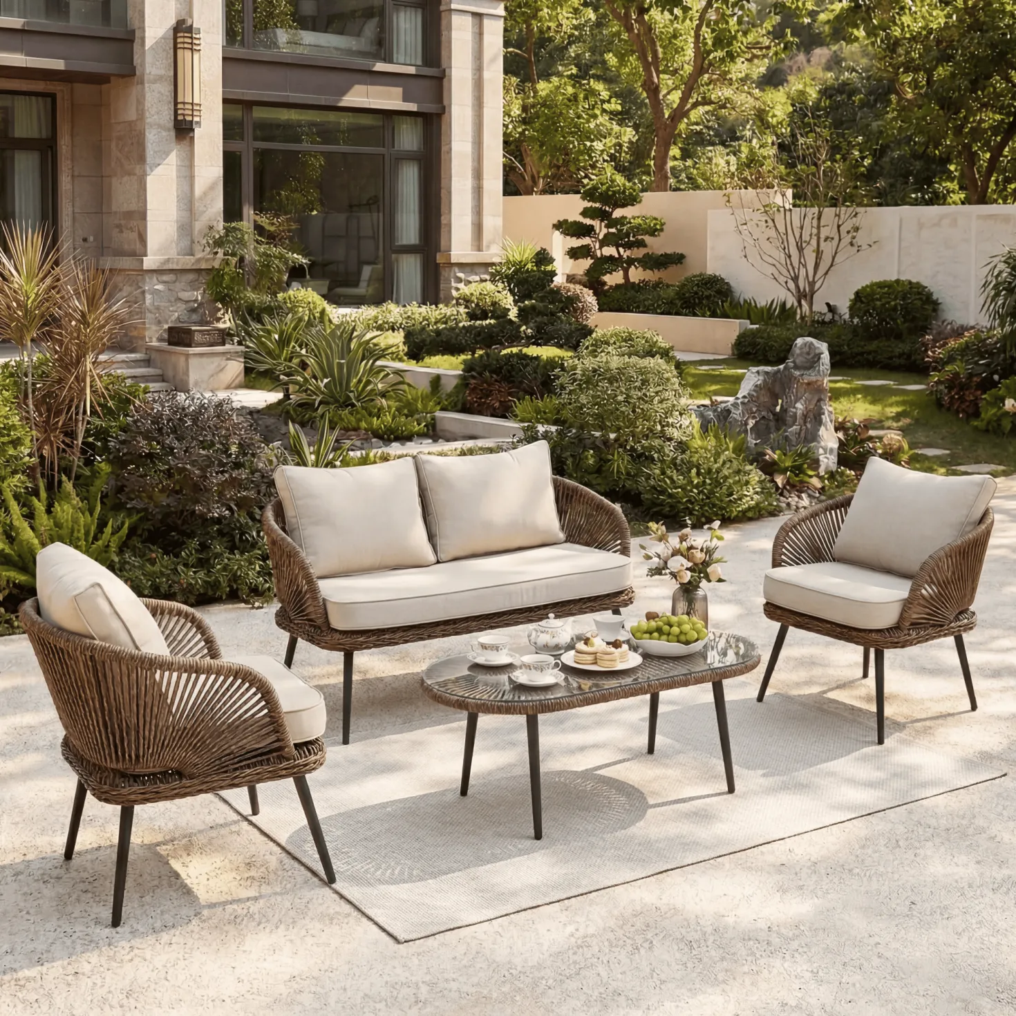 4-Piece Rattan Outdoor Patio Furniture Set with Removable Cushions and Coffee Table