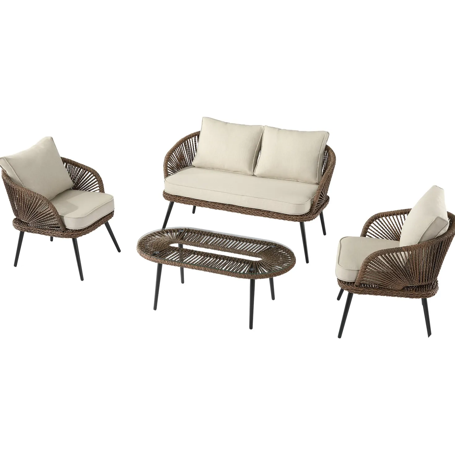 4-Piece Rattan Outdoor Patio Furniture Set with Removable Cushions and Coffee Table