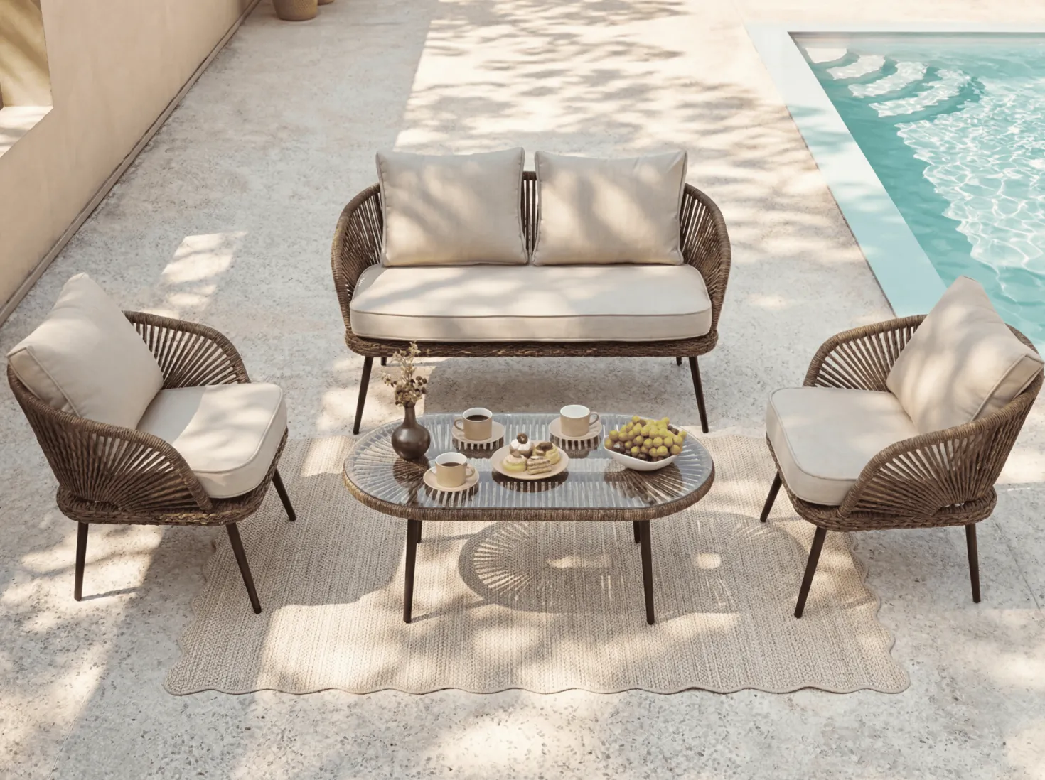 4-Piece Rattan Outdoor Patio Furniture Set with Removable Cushions and Coffee Table