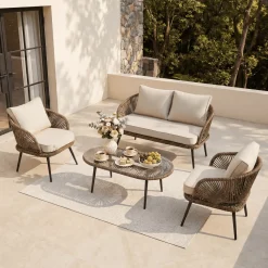 4-Piece Rattan Outdoor Patio Furniture Set with Removable Cushions and Coffee Table