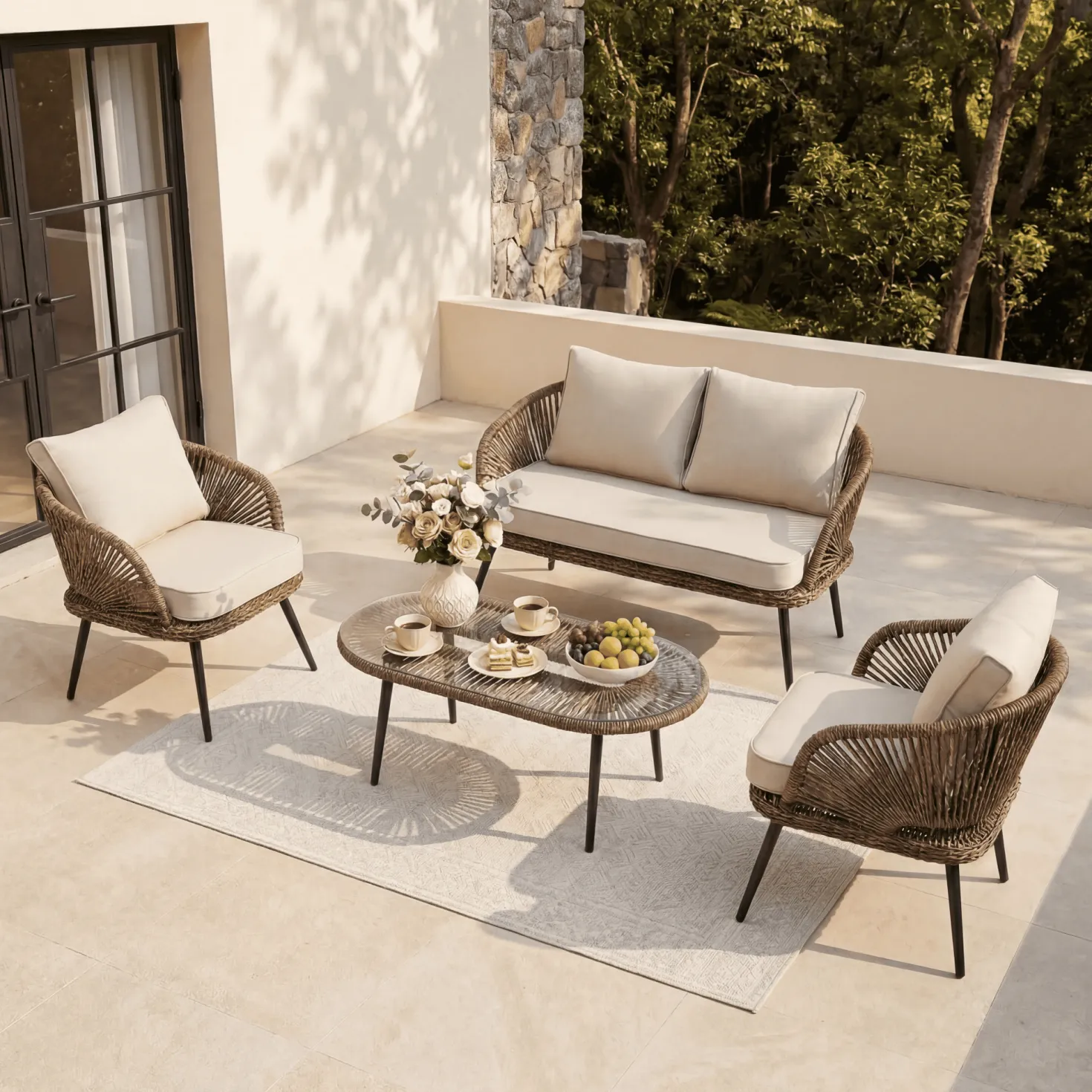 4-Piece Rattan Outdoor Patio Furniture Set with Removable Cushions and Coffee Table