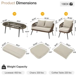 4-Piece Rattan Outdoor Patio Furniture Set with Removable Cushions and Coffee Table