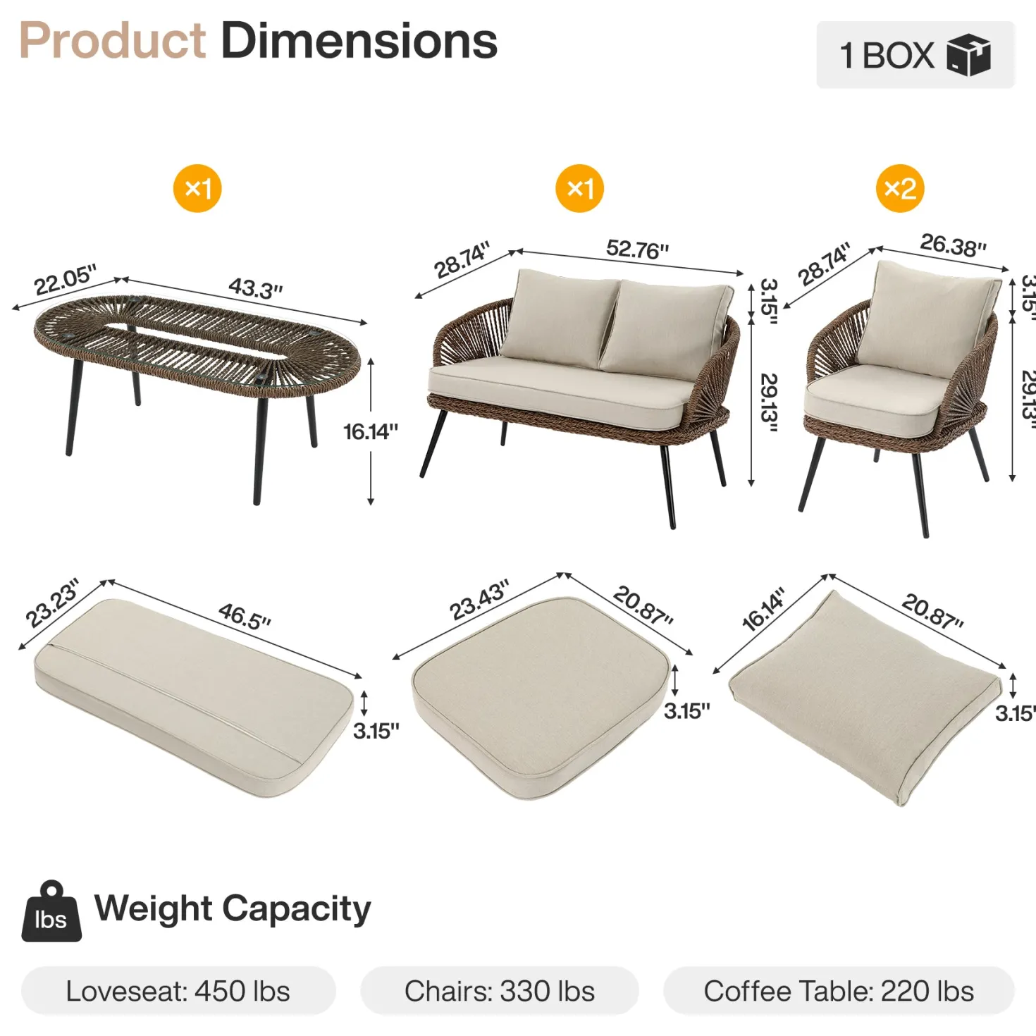 4-Piece Rattan Outdoor Patio Furniture Set with Removable Cushions and Coffee Table
