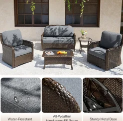 5-Piece Wicker Patio Furniture Set, Outdoor PE Rattan Conversation Set for Backyard