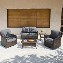 5-Piece Wicker Patio Furniture Set, Outdoor PE Rattan Conversation Set for Backyard