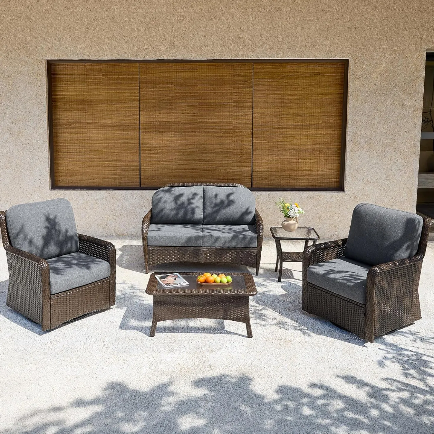 5-Piece Wicker Patio Furniture Set, Outdoor PE Rattan Conversation Set for Backyard