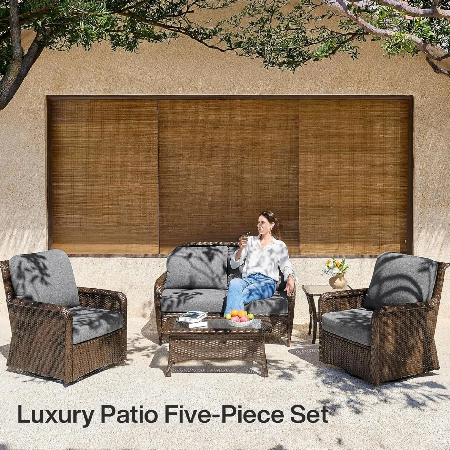 5-Piece Wicker Patio Furniture Set, Outdoor PE Rattan Conversation Set for Backyard