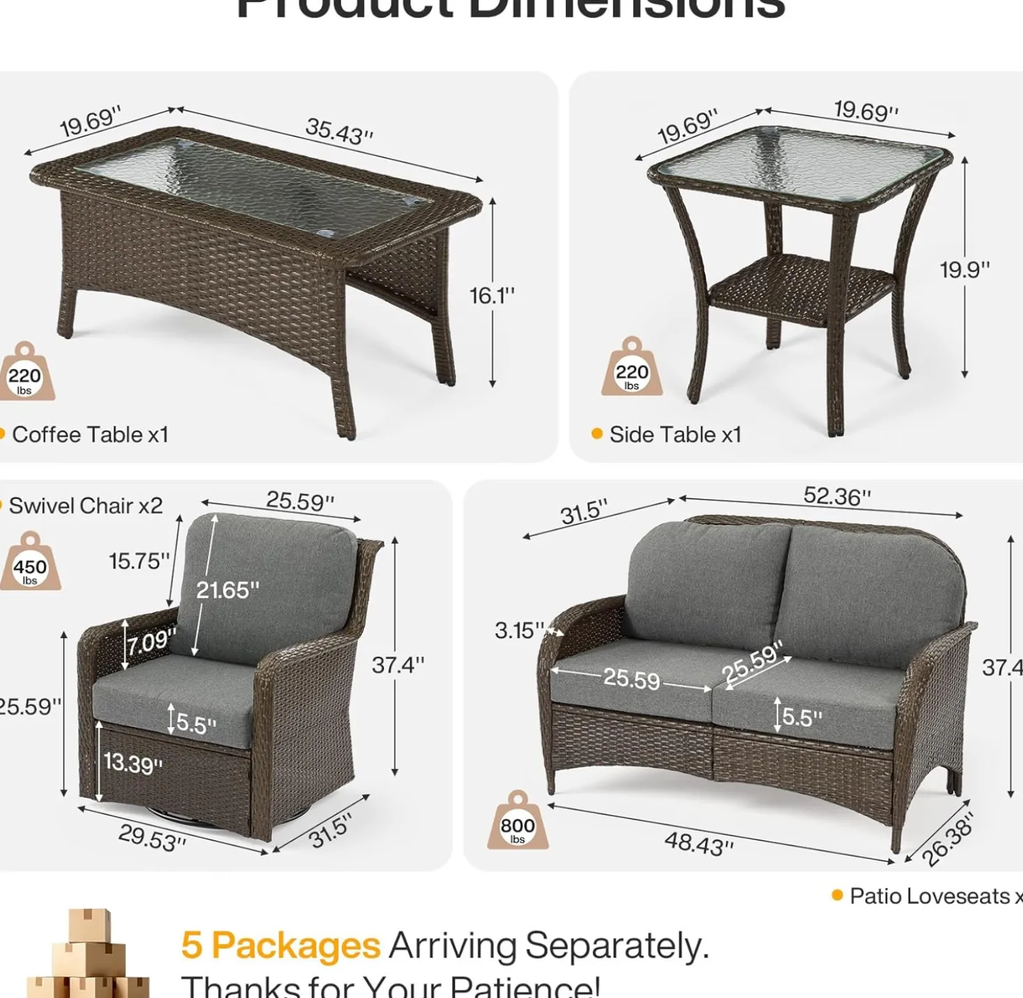5-Piece Wicker Patio Furniture Set, Outdoor PE Rattan Conversation Set for Backyard