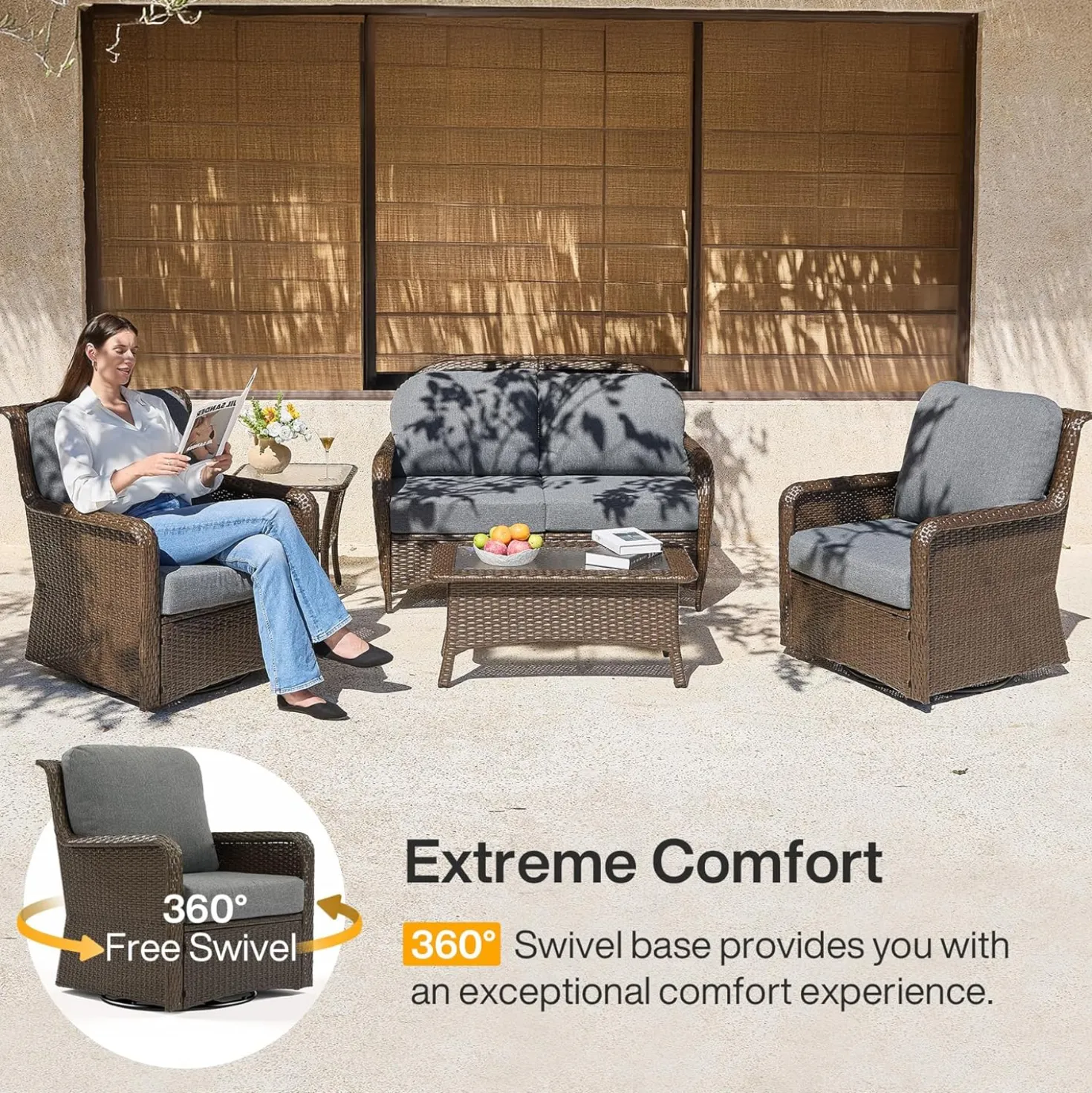 5-Piece Wicker Patio Furniture Set, Outdoor PE Rattan Conversation Set for Backyard