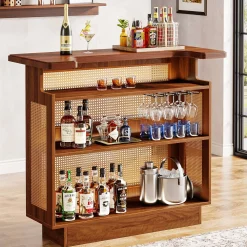 Rattan Home Bar Unit, 4-Tier Liquor Wine Bar Cabinet with Stemware Racks
