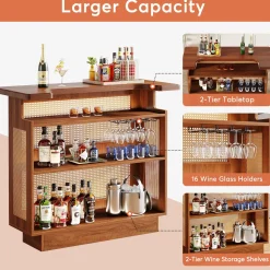 Rattan Home Bar Unit, 4-Tier Liquor Wine Bar Cabinet with Stemware Racks