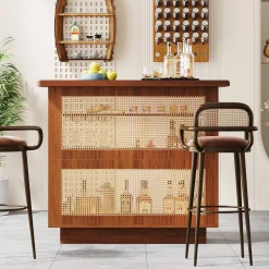 Rattan Home Bar Unit, 4-Tier Liquor Wine Bar Cabinet with Stemware Racks
