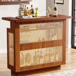 Rattan Home Bar Unit, 4-Tier Liquor Wine Bar Cabinet with Stemware Racks