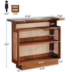 Rattan Home Bar Unit, 4-Tier Liquor Wine Bar Cabinet with Stemware Racks