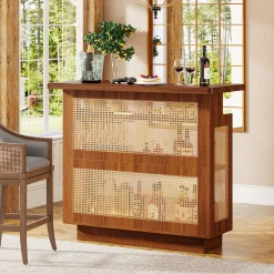 Rattan Home Bar Unit, 4-Tier Liquor Wine Bar Cabinet with Stemware Racks
