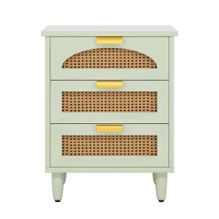 Rattan Nightstand, 20-Inch Bedside Table Storage Cabinet with 3-Drawers