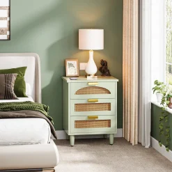 Rattan Nightstand, 20-Inch Bedside Table Storage Cabinet with 3-Drawers