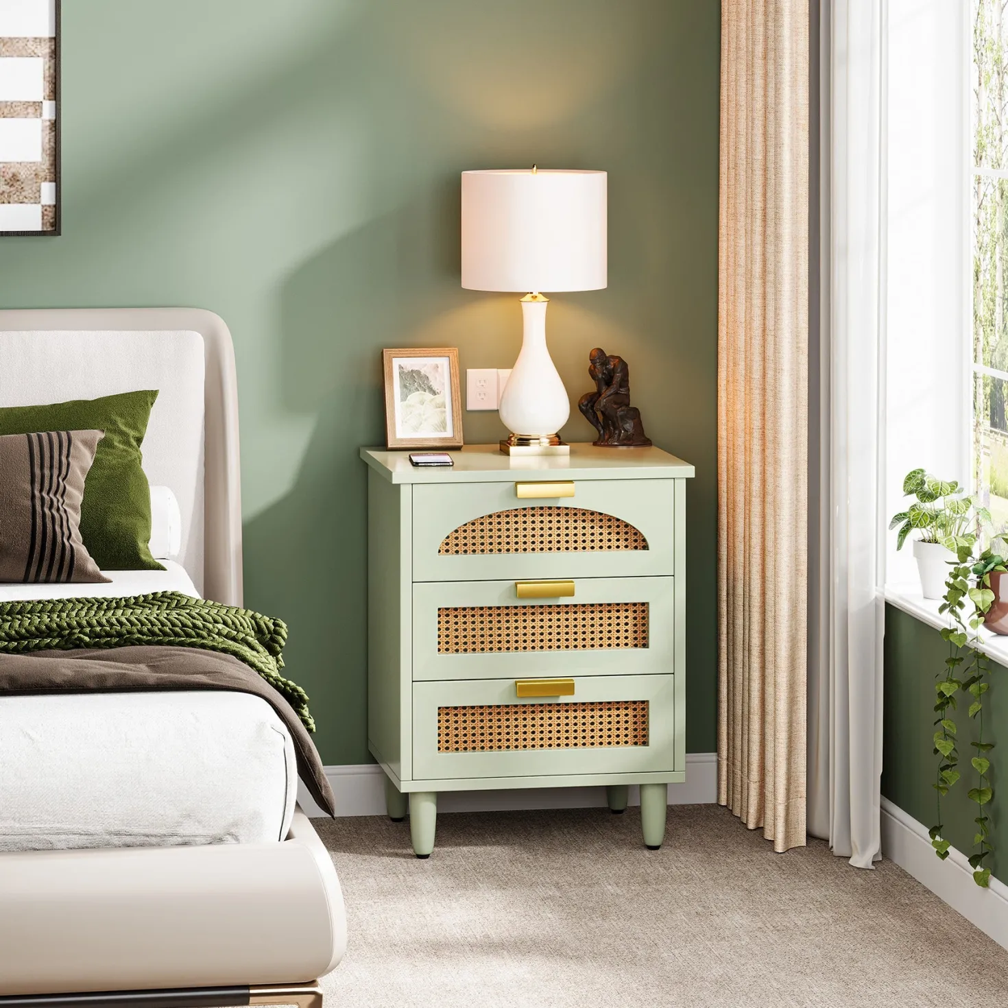 Rattan Nightstand, 20-Inch Bedside Table Storage Cabinet with 3-Drawers