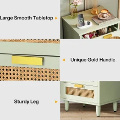 Rattan Nightstand, 20-Inch Bedside Table Storage Cabinet with 3-Drawers