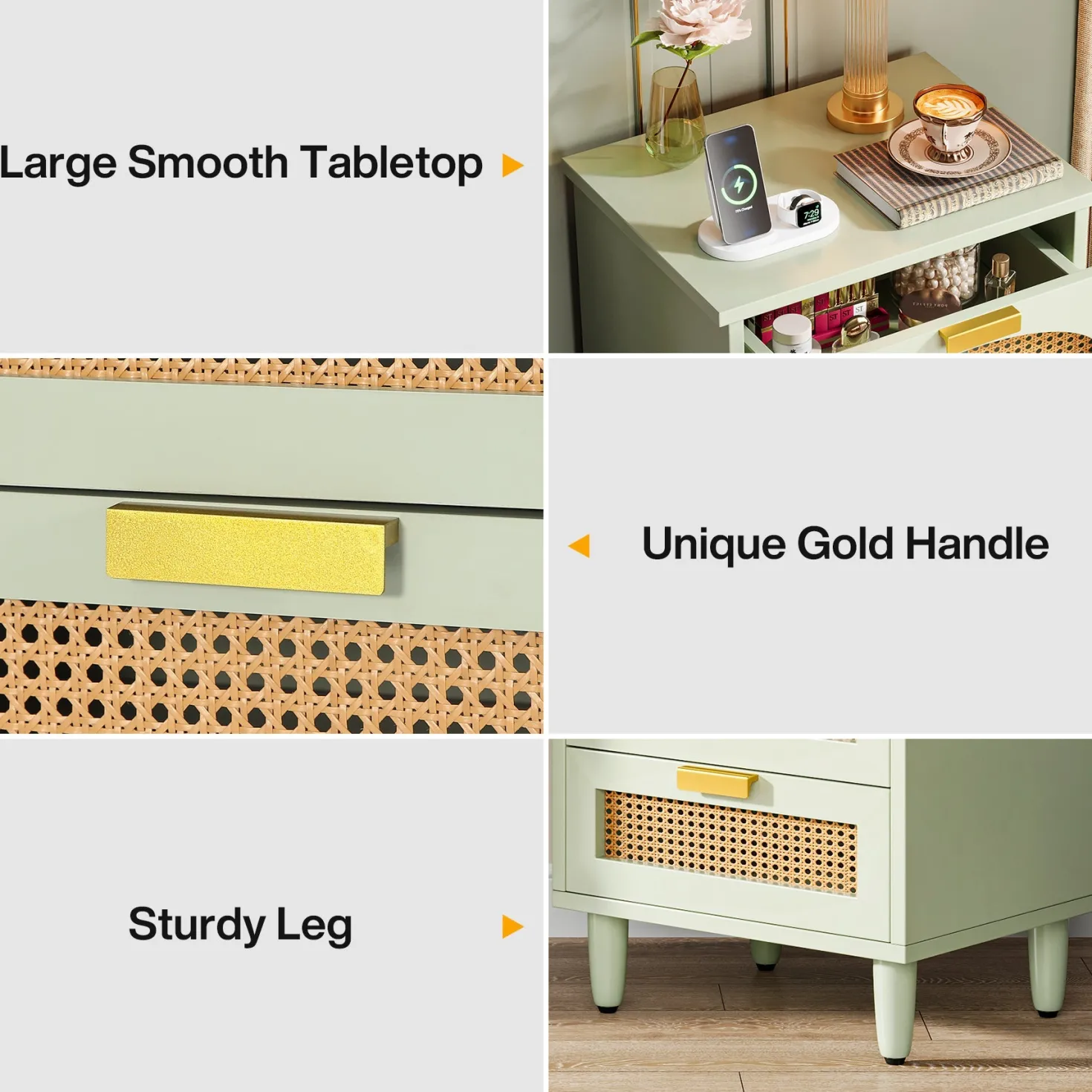 Rattan Nightstand, 20-Inch Bedside Table Storage Cabinet with 3-Drawers