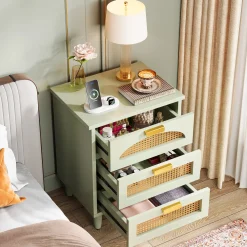 Rattan Nightstand, 20-Inch Bedside Table Storage Cabinet with 3-Drawers
