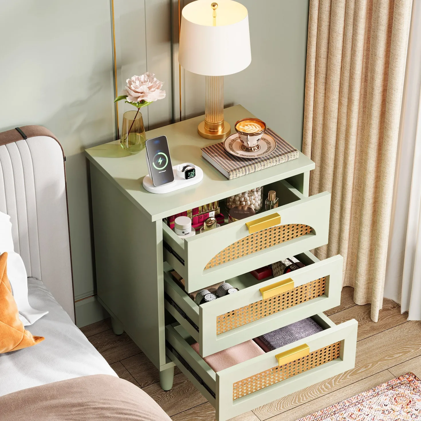 Rattan Nightstand, 20-Inch Bedside Table Storage Cabinet with 3-Drawers