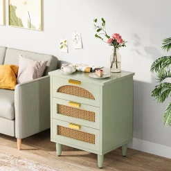 Rattan Nightstand, 20-Inch Bedside Table Storage Cabinet with 3-Drawers
