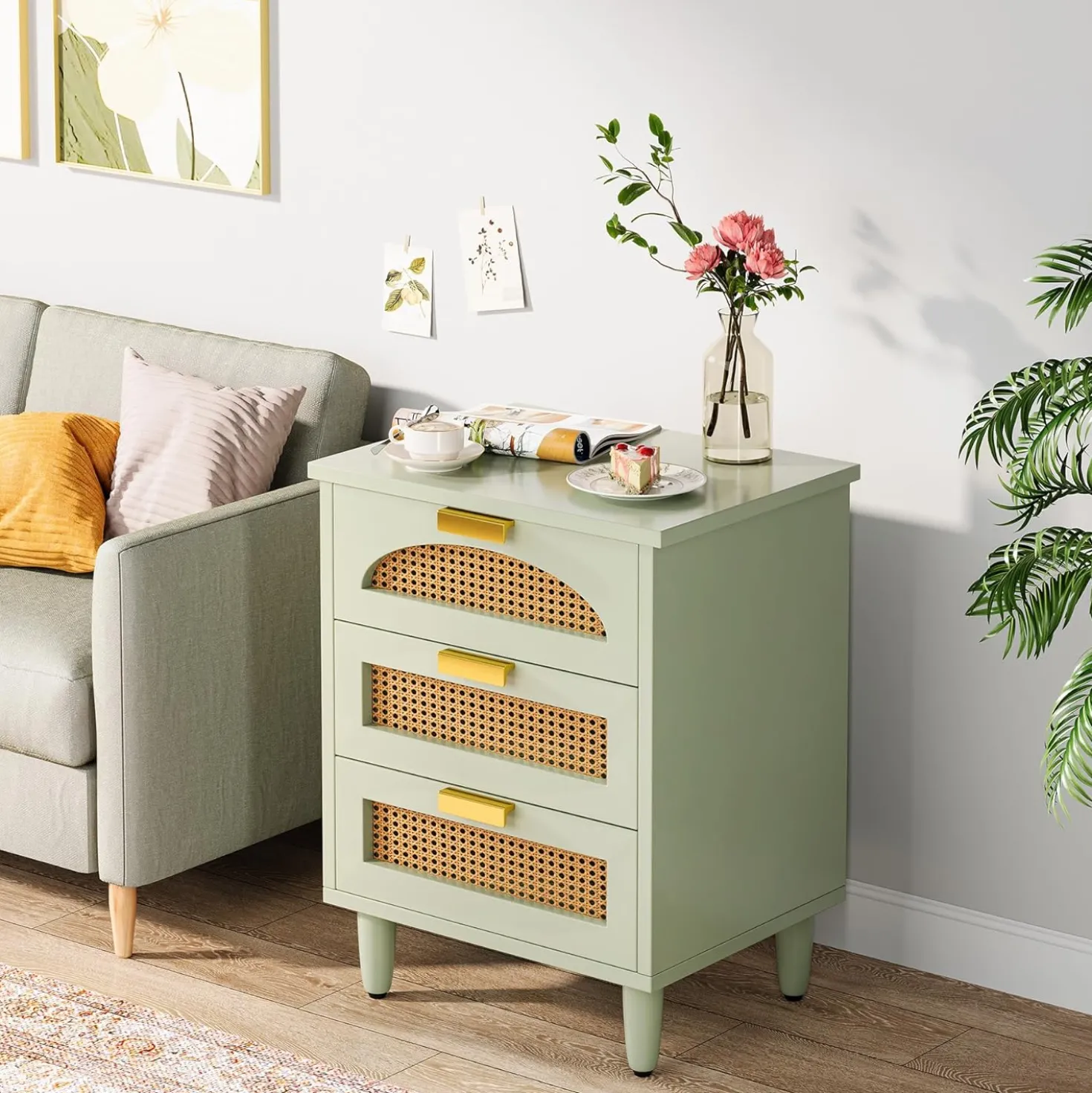 Rattan Nightstand, 20-Inch Bedside Table Storage Cabinet with 3-Drawers