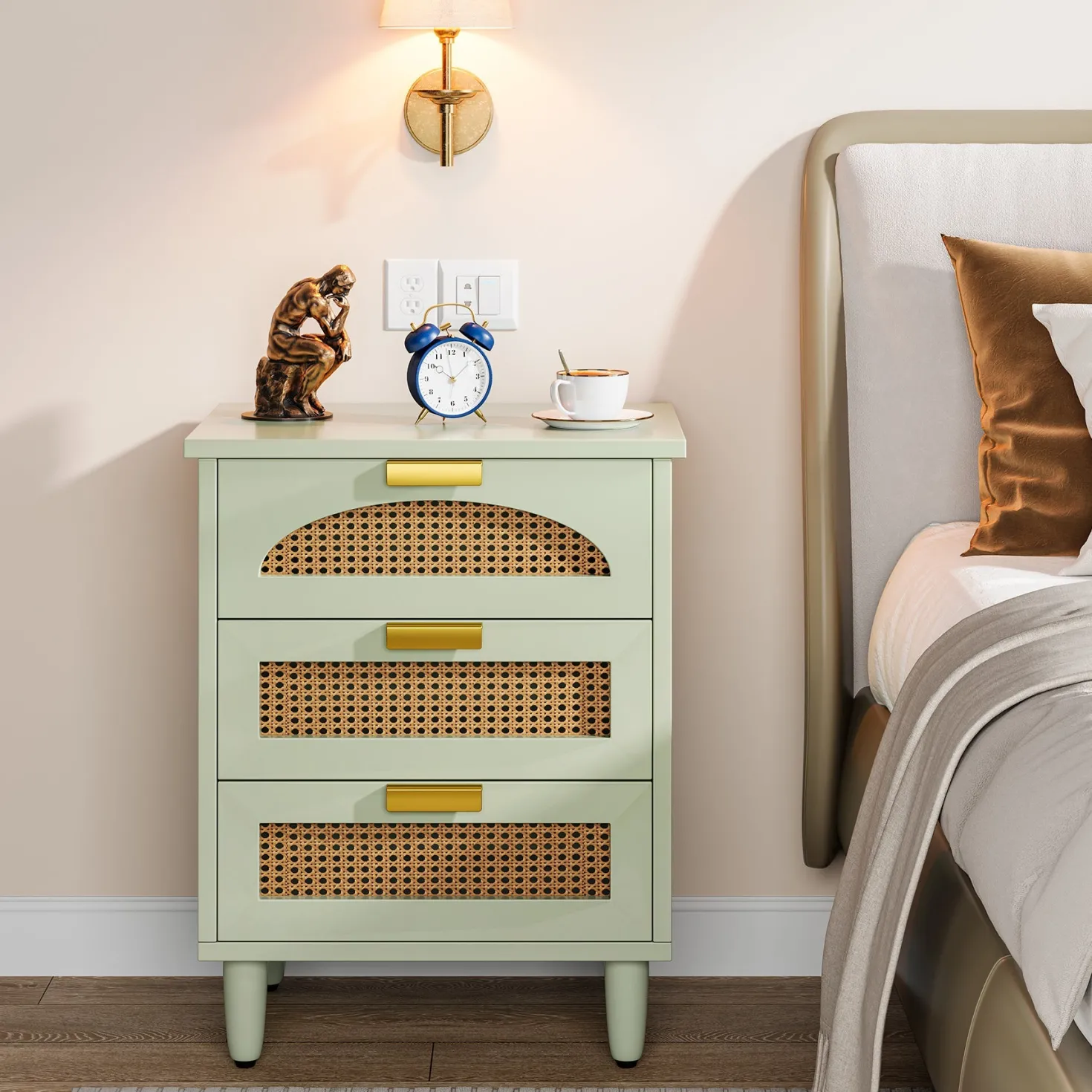Rattan Nightstand, 20-Inch Bedside Table Storage Cabinet with 3-Drawers