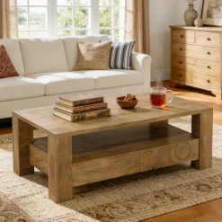 Rectangle Coffee Table, 47" Center Tea Table with 2 Drawers & Open Shelf