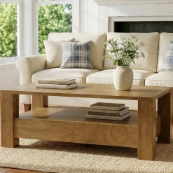 Rectangle Coffee Table, 47" Center Tea Table with 2 Drawers & Open Shelf