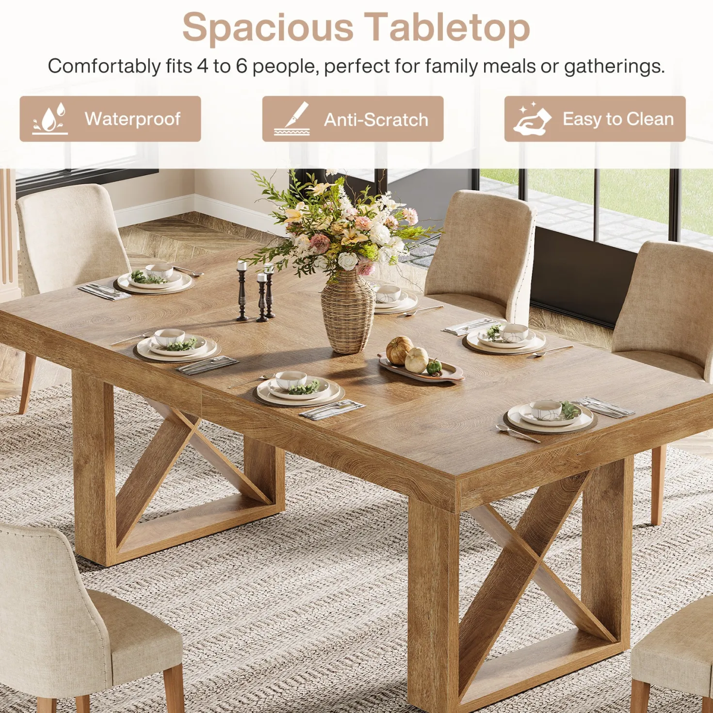 Rectangle Dining Table, 63" Farmhouse Kitchen Table for 4-6 People