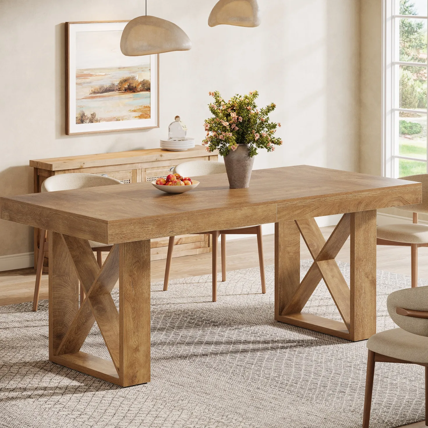 Rectangle Dining Table, 63" Farmhouse Kitchen Table for 4-6 People